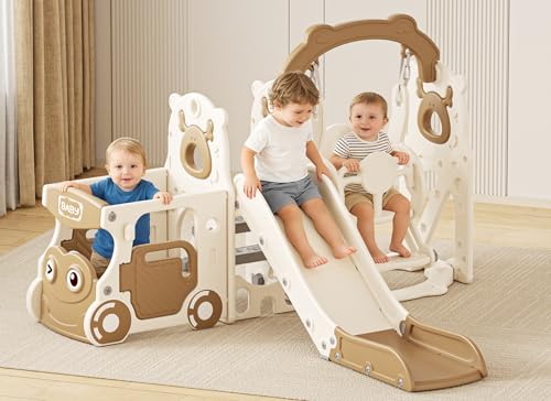 Image of XJD 10 in 1 Toddler Slide, Kids Slide for Toddlers 1-3, Toddler Play Climber Slide Playset with Basketball Hoop and Ball,Toddlers Outdoor Indoor Playground (White Brown, Medium)