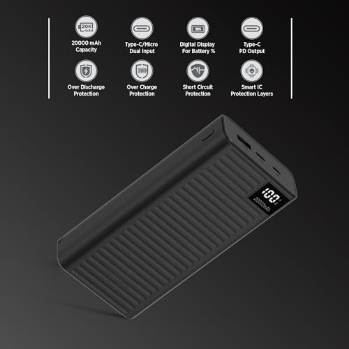 Image of Intex Strong Comet 20K Poly 20000mAh High Capacity QC PD Power Bank with 22.5W Fast Charging, Digital LED Display, Dual Input Type-C and Micro USB, Multiple Output Ports, Long Backup (Black)