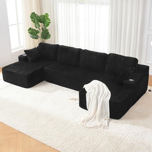 Image of 130 inch Modular Sectional Sleeper Sofa, Modern Cloud Sectional Sofa Couch with Cupholders and Storage, U Shape Boneless Couches for Living Room, Free Combination, No Assembly Required,Black