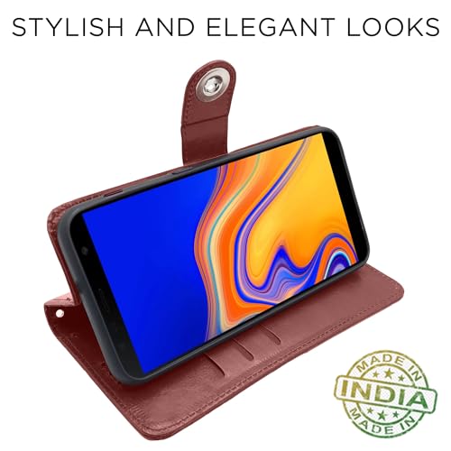 Image of Pikkme Samsung Galaxy J4 Plus Flip Cover Leather Finish | Inside TPU with Card Pockets | Wallet Stand and Shock Proof | Complete Protection Button Flip Case (Brown)