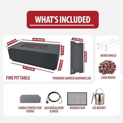Image of AMS Fireplace Genuine Concrete Rectangular Propane Fire Pit Table for Outside Patio (66 inch Sedona) | Hidden Tank Drawer & Electronic Ignition | Bundle w /Wind Guard, Burner Lid & Cover (Dark Gray)