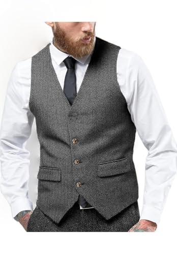 Men's Classic Herringbone Tweed Suit Waistcoat Slim Fit V-Neck Single Breasted Sleeveless Vest for Work2