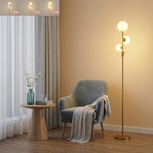 Fiqevs Dimmable 3 Globe Floor Lamp - Mid Century Modern Gold Standing Lamp with Frosted Glass Shade & LED Bulbs for Living Room Bedroom Office
