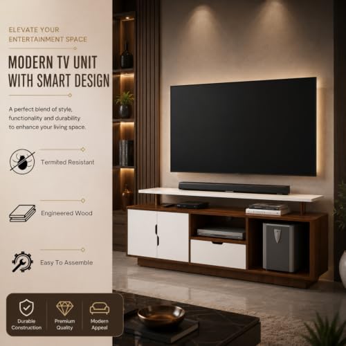 Image of GRATUS Wall Mounted TV Unit for Living Room | Wooden TV Cabinet with 3 Storage Compartments, 2 Shutters, Drawer & Open Shelf | Entertainment Center for 43, 55 & 65 Inch TVs