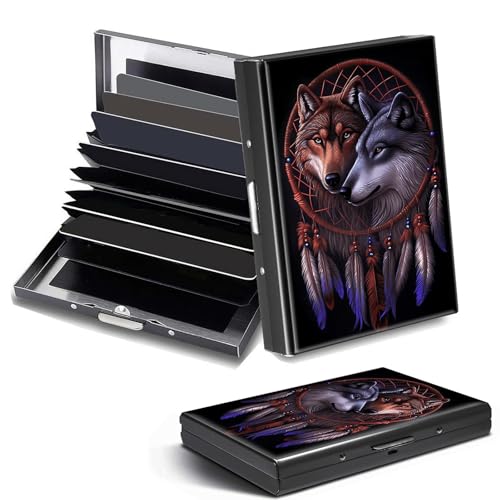 Credit Card Holder, Wolf Dream Catcher Design Mini RFID Blocking Aluminum Wallet Slim Metal Hard Case Shell Travel Wallet ID Case Small Credit Cards Case Business Cards for Women Men Girls
