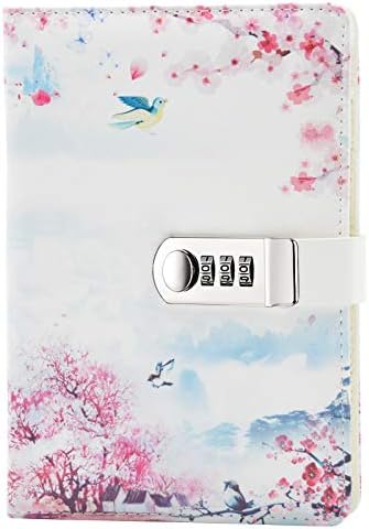 Lirener Creative PU Leather Password Lock Notebook(Bird, Flower, Butterfly, Trees), A5 Diary Journal Sketchbook Daily Planner Agenda Notepad with Combination Lock Pen Holder and Card Slots, 150x215mm