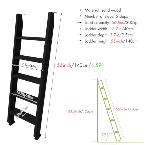 Image of 50 inch 55 inch 60 inch Black Wood Bunk Bed Ladder, Lofted /Dorm /RV Bed Bunkbed Ladders with 4in Extra Wide Steps and Non-Slip Pads, Replacement Wooden Ladder for Motorhome /Camping (Black, 55in /140cm)