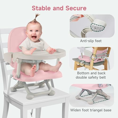 Image of YOLEO Baby High Chair Booster Seat for Dining Table, Foldable High Chairs with Adjustable Heights, Travel Booster Seat with Removable Tray