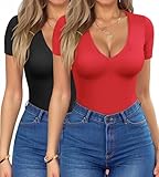 2 PCS Deep V Neck Tops for Women Summer Short Sleeve Slim Ribbed T-Shirt Ladies Basic Casual Tee Top