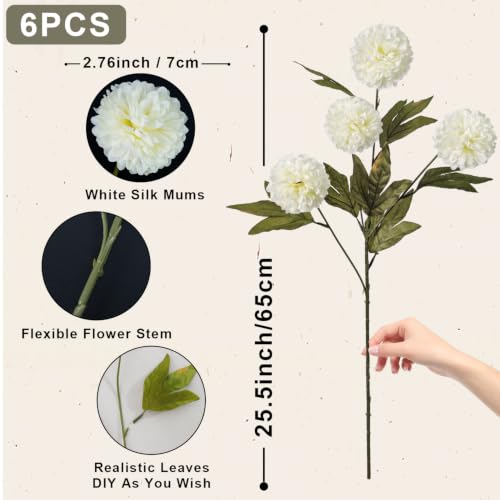Image of 6PCS Cream Mums Long Stem Faux Fall Flowers Realistic Artificial Fall Flowers Indoor 25.5 inch Faux Silk Mums Flower Stems for Vases Flowers Artificial for Decoration Farmhouse Home Decor