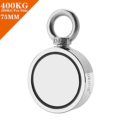 Wukong Aimant de pêche rond double face, force de traction combinée de 400 kg, aimant rond en néodyme très fort avec boulon à illet pour la pêche et le sauvetage en rivière, 75 mm de diamètre
