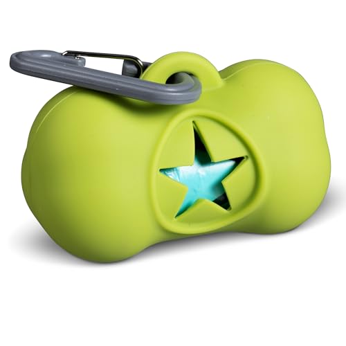 Image of Messy Mutts Silicone Dog Waste Bag Holder | Dog Poop Bag Dispenser with Carabiner and Bags | Unscented Roll Included - 15 bags| Leash Essential |(Green)