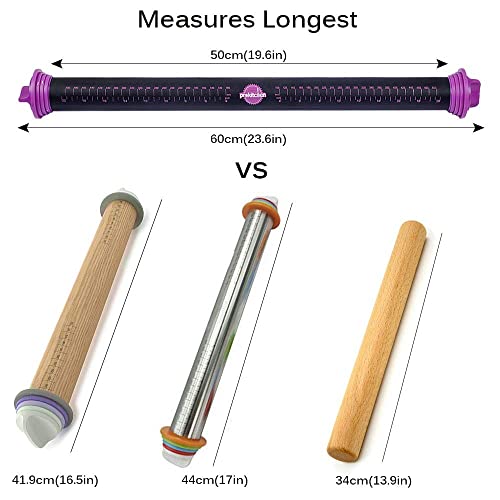 PROKITCHEN Silicone Rolling Pin with Thickness Rings, 23.6 inch Large Rolling Pin for Baking Fondant, Dough, Pasta, Cookie, Pizza, Dumpling (Purple Long Rolling Pin)