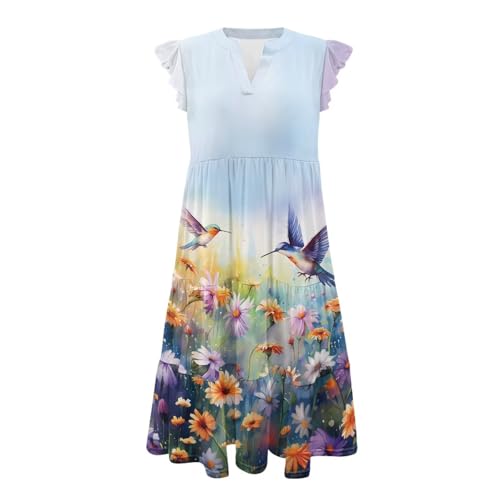 Image of Women's Casual Ruffle Sleeve Dress V Neck Pullover Dress Flowy A-Line Pleated Lightweight Dress with Pockets