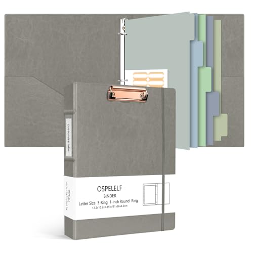 Ospelelf Vintage Hardcover 3 Ring 1 inch Leather Binding, Professional Binding Organizer Suitable for Letter Size (11 "x 8.5"), with 5 Tab Dividers, Clipboard Design, Faux Gray Leather