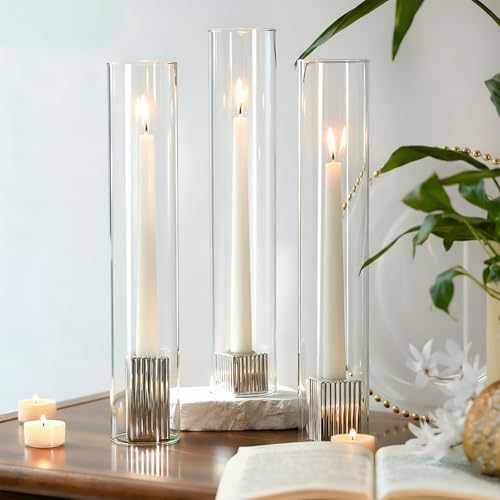 LETINE Hurricane Candle Holders with Silver Ribbed Taper Candle Holders Set of 3(14) Bulk Windproof Taper Candle Hurricane Glass for Outdoor&Indoors Wedding Centerpiece Event & Home Decor