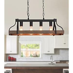 Rustic Kitchen Island Dining Room Light Fixture Farmhouse Linear Chandelier Black and Retro Wood Finish 4 Light Industrial Metal Hanging Pendant Light UL Listed L283 W106