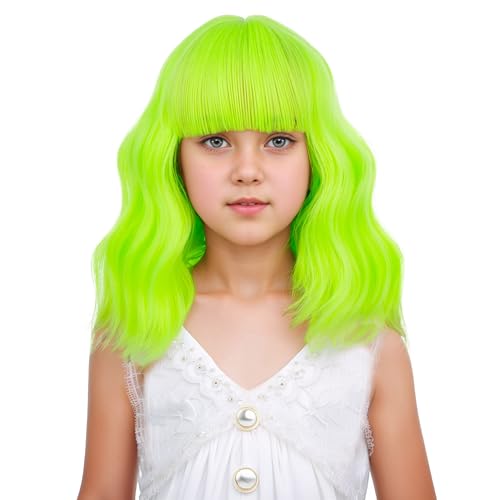 Image of Lime Green Wig Short Neon Green Wavy Curly Wig with Air Bangs Heat Resistant Synthetic Wigs with Cap (Small Size)