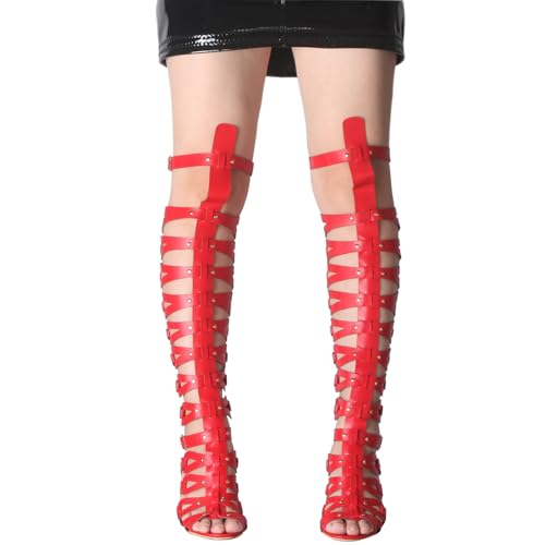 Image of Hanfike Knee High Sandals for Women Gladiator Cut Out Summer Roman Boots