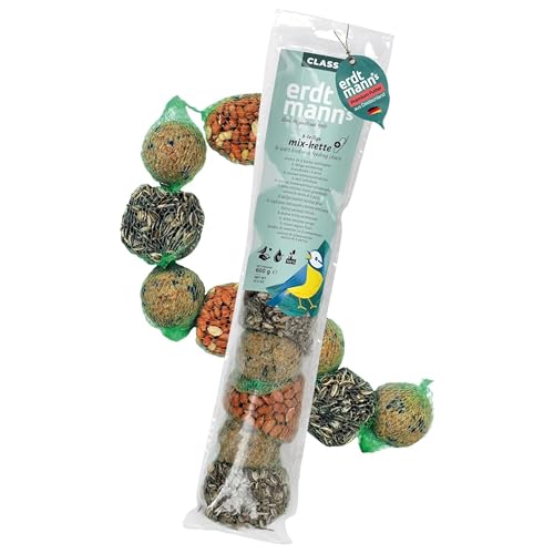 Erdtmanns 12 Mixketten für Wildvögel – je 8-teilig mit Meisenknödeln, Erdnüssen & Sonnenblumenkernen – energiereiches Vogelfutter für Garten & Balkon – Ganzjahresfutter zum Aufhängen