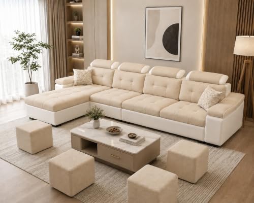 Image of Torque Jimmi L-Shaped 5 Seater Sofa with 4 Puffy - LHS-Beige | 8 Seater Sectional Sofa Set for Living Room | 3 + 1 Lounger Sofa Couches with Adjustable Headrests