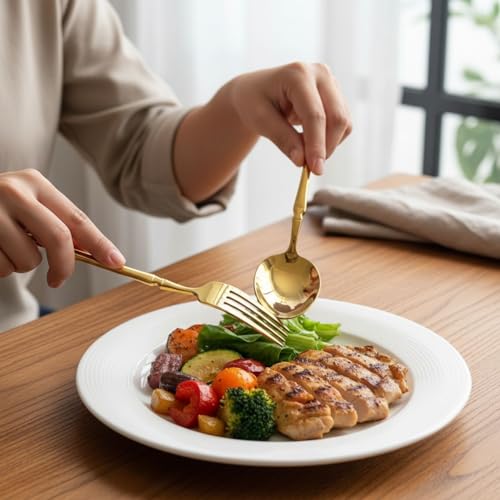 Image of 24 Pcs Gold Slim Handle Stainless Steel Cutlery Set for Dining Table with Spoons and Forks Set + Butterknives - The Perfect Tableware /Flatware