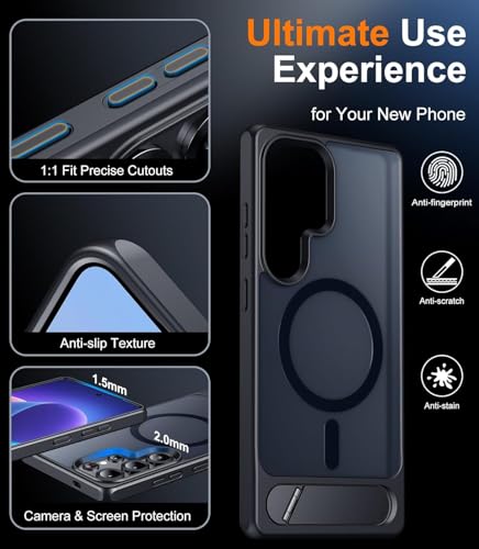 Image of Elzzi Magnetic Cover Compatible for Samsung S25 Ultra 5g Case with Adjustable Metal Kickstand, Compatible with Mag-Safe Translucent Matte Shockproof Protective Phone Case, Blue