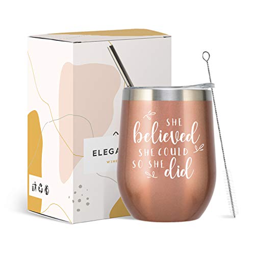 Elegantpark Congratulations Gifts For Women She Believed She Could So She Did Wine Tumbler Inspirational Gifts For Graduation New Job Going Away Congrats Rose Gold Insulated Wine Tumbler With Lid 12Oz #TOP11