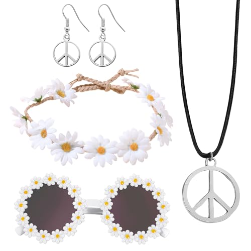 SSKHE 5 peças hippie fantasia acessórios mulher para os anos 60 70 hippie jóias para batedor traje mulher vintage acessórios per traje com margaridas óculos sinal da paz colar orelha