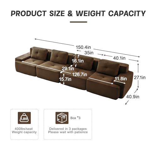 Image of 153 inch Extra Large 4-Seater Modular Boneless Couch, Luxury Corduroy Fabric, Deep Seat Cloud sectional Sofa with Buckle Connection, No Assembly Anti-Slip Couch for Big Living Room, Brown