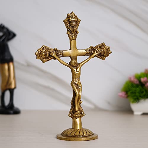 Image of eCraftIndia Golden Brass Jesus Christ Statue | Cross Jesus Statue for Home Office | Gift for Christmas