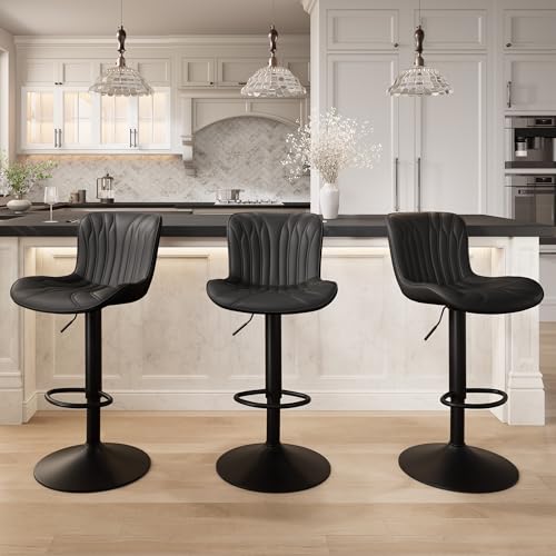 Image of YOUNIKE 3 Black Bar Stools Modern Swivel Counter Height Bar Chair with Back Adjustable Kitchen Island Faux Leather Padded Barstools taburetes de bar Breakfast sillas para barra de cocina 3PCS