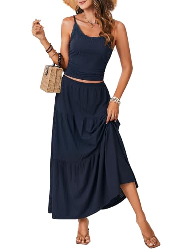 Vrtige Women's 2 Piece Outfits Spaghetti Strap Cami Crop Top and A Line Maxi Skirt Set3