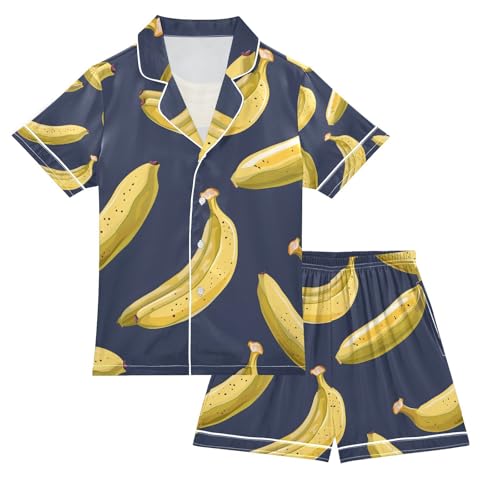 senya Banana Navy Satin Summer Pajama Sets Silk Short Sleeve Button Down Sleepwear