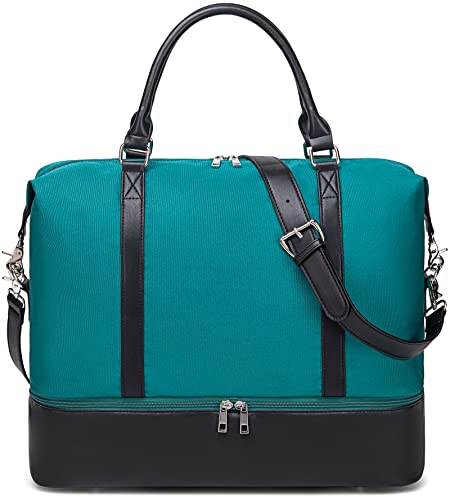 Womens Travel Weekender Bag Canvas Carry on Overnight Tote Luggage Duffel Beach Bags (Pink Leather Black Stripe with Shoe Compartment), Oxford-Dark Green