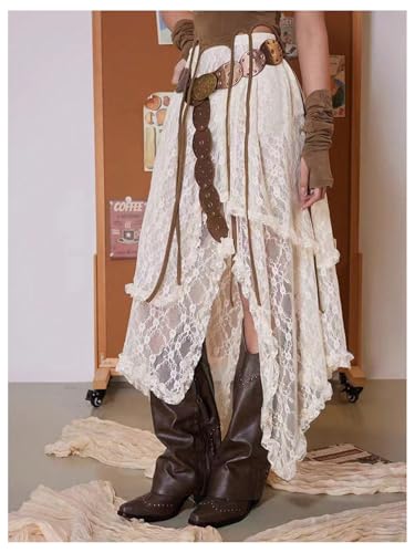 Verdusa Women's Boho Western Asymmetrical Lace Long Skirt Sheer Ruffle Skirts2