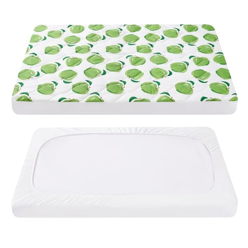 Image of TILLYOU Pack and Play Sheet - Soft Quilted Crib Cover Pad, Toddlers Mattress Protector with 1''-3'' Deep Pocket, Thick Play Yard Playpen Sheets, Crib Mattress Pad, 39"x27", Green Apple