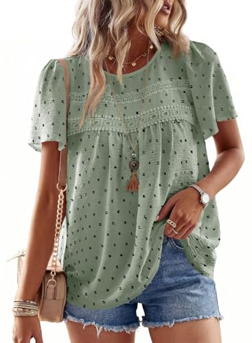 Image of Falechay Womens Summer Tops Crewneck Short Sleeve Shirts Casual Chiffon Blouses Flowy Lace Hem Boho Clothing Trendy 2026