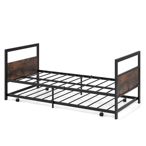 COSTWAY Cama Individual 90 x 200 cm, Cama Auxiliar con Ruedas, Estructura Cama con Cabecera y Pie, Soporte de Listones de Metal, Base de Cama Industrial, Marrón Rústico, Carga 220kg