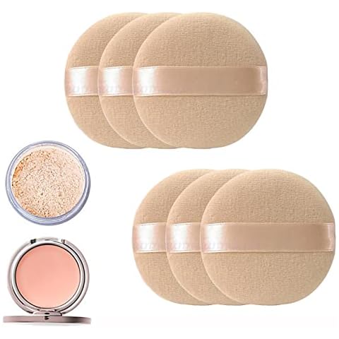 SHULLIN 6Pcs Cosmetic Powder Puff Round Makeup Powder Puffs Face Makeup Sponge Puff Washable and Reusable With Ribbon Handle Wet and Dry Powder Puff Pads for Daily Makeup Foundation Cream Blush Cover