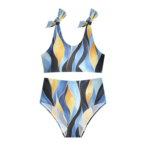 Blue Golden Theme Plant Black Pattern Girl Two Pieces Kids Bikini Set Beach Bathing Suit Swimming Suits Cute Shoulder3