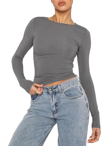 OYIGELZ Damen Langarmshirt Rundhals Slim Fit Y2K Oberteile Basic Crop Tops...