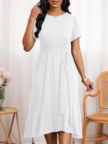 Image of PerZeal Women's Summer Dress Casual Ruffle Sleeve Crewneck A-Line Tiered Flowy Short Sleeve Long Dress with Belt