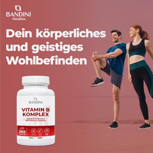 Bandini® Vitamin B Komplex Hochdosiert, 365 Tabletten für 12 Monate, B-Komplex mit alle 8 B-Vitamine B1, B2, B3, B5, B6, B7, B9, B12, Nervensystem, Stoffwechsel, Psychische Funktion, GVO-frei, Vegan