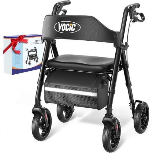 Image of VOCIC Z21 Rollator Walker for Seniors with Seat, 8 inch All Terrain, 350 LBS | Lightweight Foldable & Dual Height Adjustable for Seniors, Ergonomic Arc Seat&6 inch Ultra Backrest Provide Comfort, Black