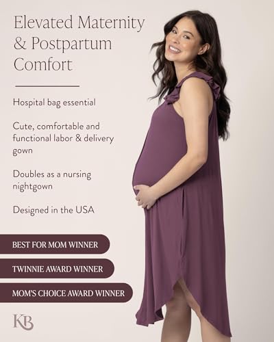 Image of Kindred Bravely Ruffle Strap Labor and Delivery Gown for Birthing & Nursing | Soft maternity hospital gown with velcro for monitoring, epidural, skin-to-skin contact, breastfeeding nightgown with pockets