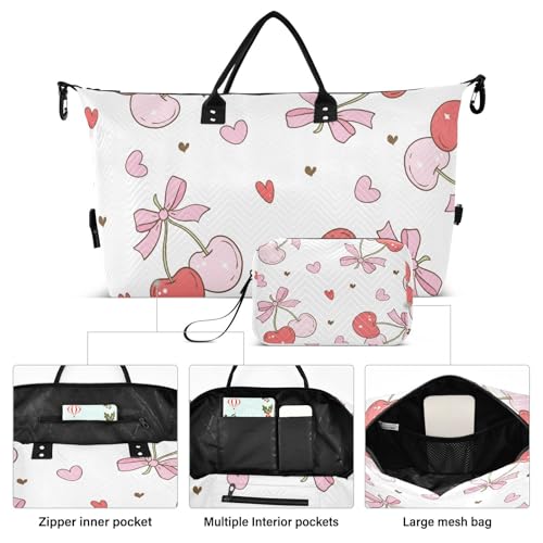 Red and Pink Cherry Pattern Duffle Bags for Women Men Waterproof Weekender Overnight Bags Hospital Bag Large Tote Bag with Toiletry Bag for Yoga Gym Travel Sport Hospital2