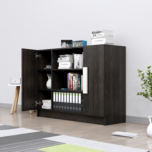 Image of Bniture Storage Cabinet Wooden Sideboard for Living Room with 3 Shelf and 2 Door | Multipurpose Book Shelf Storage Organizer Cabinet for Office Home Hallway Drawing Room Bedroom | Flower Wenge