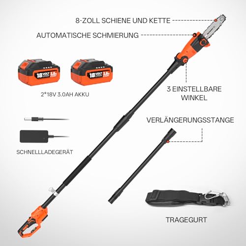 MAXLANDER Hochentaster astsäge elektrisch Akku,Teleskop Kettensäge 4,5m Reichweite elektrische Stangensäge, 5,0 m/s Schnittgeschwindigkeit, 20cm Multi-Winkel-Stangenkettensäge mit 2 * 3,0 Ah Akku