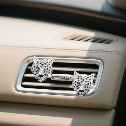 Image of Mandark Bling Leopard Car Air Vent Clip, 2PCS Crystal Rhinestone Vehicle Air Outlet Cheetah Print Decoration, Automotive Interior Ornament Accessories, Universal for SUV Sedan Truck (Silver)
